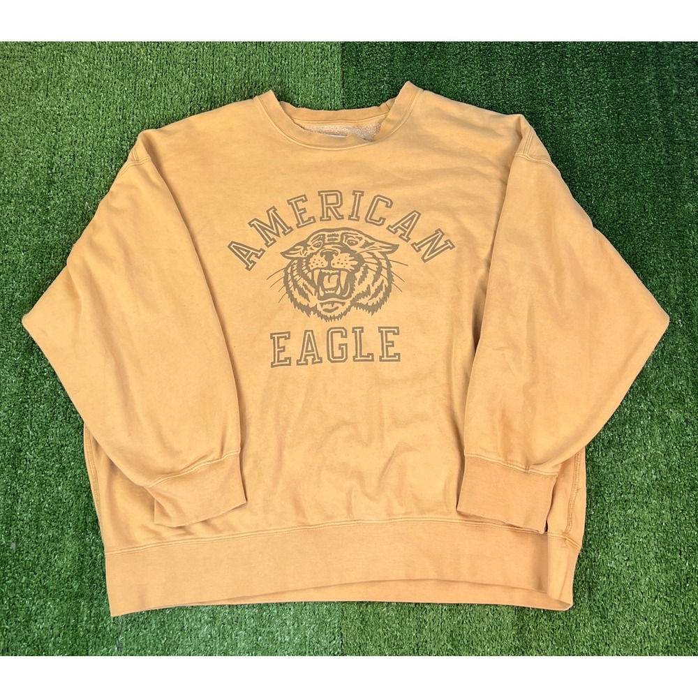 American Eagle Mens Boxy Tiger Graphic Crewneck Sweatshirt Wheat Yellow XL
